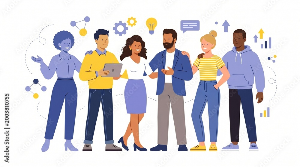 Obraz premium A multicultural group of colleagues, students, and happy men and women standing together representing multinational society, friendship, teamwork, and cooperation in a flat vector illustration.
