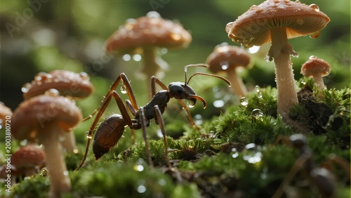 Ant crawling on moss near mushrooms in a forest setting
