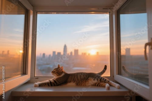 A tabby cat lounging on a windowsill overlooking a city skyline at sunset