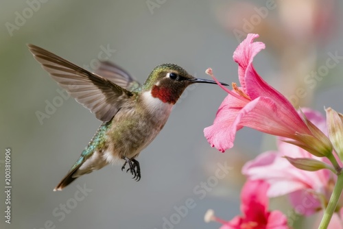 A hummingbird hovers near a pink flower, feeding with its beak extended into the bloom.