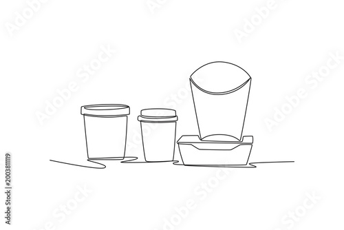 Paper eco-friendly disposable tableware. food packaging. Tech meets food concept. Single line draw design. Vector graphic illustration