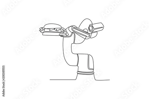 Smart robotic food holding a hamburger. Tech meets food concept. Single line draw design. Vector graphic illustration