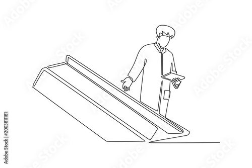 supervisor with tablet doing quality control check of food on food processing machine. Tech meets food concept. Single line draw design. Vector graphic illustration