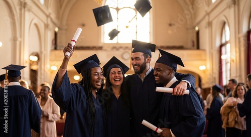 Graduates celebrate joyfully in a grand hall