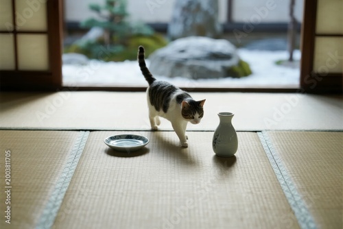 A tabby cat walks across a tatami mat floor near a small vase and dish, with a traditional Japanese garden visible through a shoji screen.