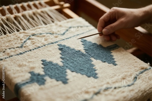 Close-up of hands weaving a patterned textile on a wooden loom