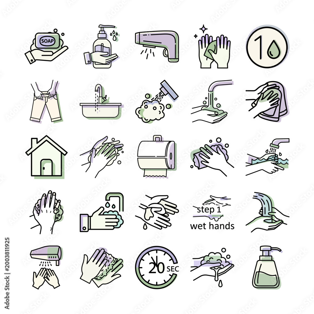 Fototapeta premium handwashing icons set tutorial graphics or hygiene step guide illustrations