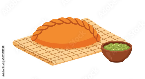 Illustration of a delicious baked empanada served with a side of green sauce on a checkered cloth