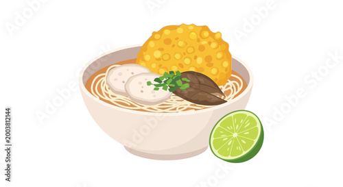 A Delicious Bowl of Noodles with Toppings and a Lime Slice
