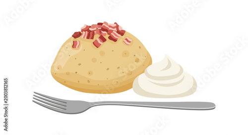 Detailed vector illustration of a classic potato dish, a delightful and savory meal with crispy bacon toppings and creamy sour cream, ideal for menu design