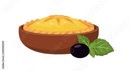 Delicious homemade lemon pie with fresh basil and olive garnish