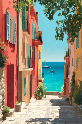 colorful coastal village street illustration, vibrant mediterranean houses in pink orange and yellow 