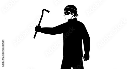 Silhouette of masked burglar holding crowbar on white background