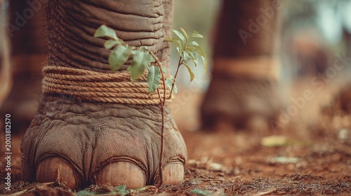 a large elephant leg tied down with nothing more than a small rope (and a small stake)—a well-known metaphor for learned helplessness