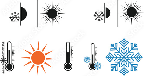 Weather Temperature Icon Set Featuring Sun Snow Thermometer Symbols for Climate Forecast Seasonal Change and Environmental Monitoring Design
