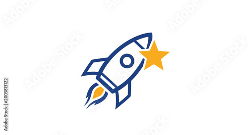 Minimalist rocket icon with star in blue and orange colors