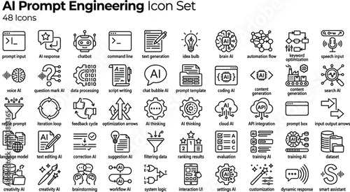 AI Prompt Engineering Icon Set Featuring Chatbots, Text Generation, Optimization, Automation Workflows and Large Language Model Concepts