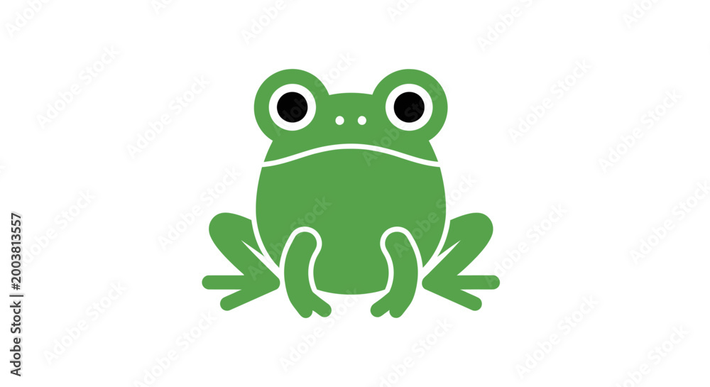 Obraz premium A simple green cartoon frog illustration on a white background, front view.