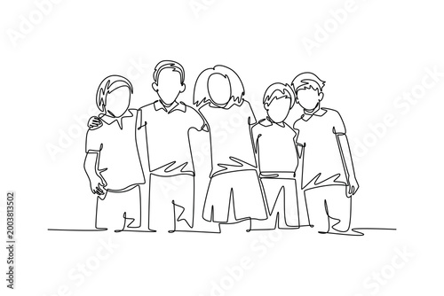 Group of diverse children in school uniforms . Activity School concept. Single line draw design. Vector graphic illustration