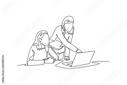 IT teacher and her students using laptop during computer class. Activity School concept. Single line draw design. Vector graphic illustration