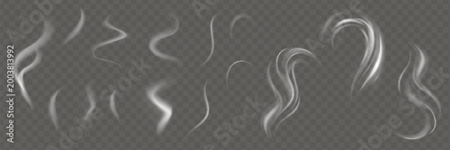 Realistic white cloud or fire smoke in the sky and vector weather element on transparent background. Chimney smoke, fog wave or cloud pattern with overlay effect. Cloud art or smoky air illustration.