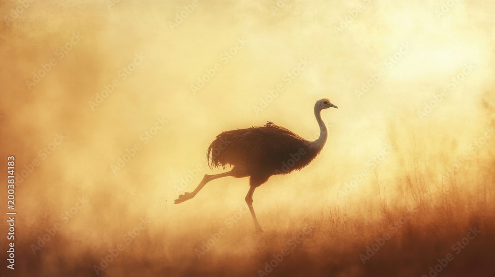 Fototapeta premium Majestic Crane Walking Gracefully Through Foggy Golden Landscape