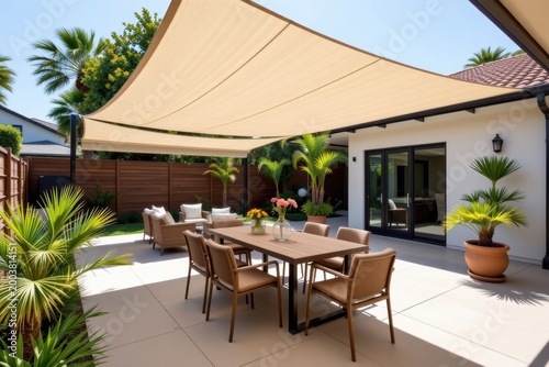 Modern backyard patio with shade sails, outdoor dining table, lounge seating, and tropical plants.