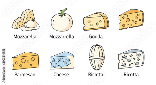 Photos Assortment of Cheeses: Mozzarella, Gouda, Parmesan, Ricotta, Blue Cheese - Hand-
