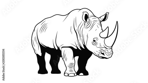 Sturdy rhinoceros shown in a side profile view with detailed skin texture in a black and white line art style.