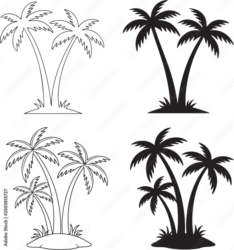Fototapeta premium Palm tree silhouettes collection black and white tropical plant shapes on white background