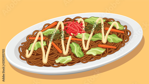 Plate of delicious yakisoba stir-fried noodles topped with mayonnaise green cabbage carrots and red ginger in a food style.