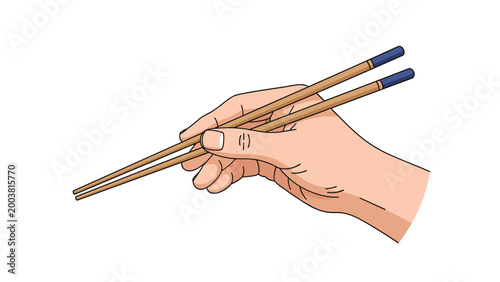 Realistic illustration of a human hand expertly holding a pair of wooden chopsticks with blue tips ready for a meal.