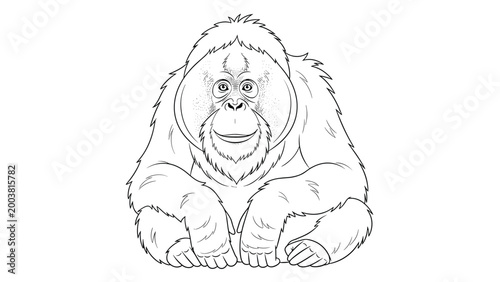 Detailed black and white line drawing of a seated orangutan looking forward showing its characteristic facial features and fur.