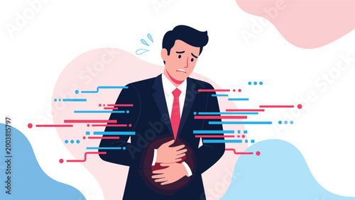 Concerned businessman in a professional suit clutching his stomach in pain while digital data lines pass through him representing stress.
