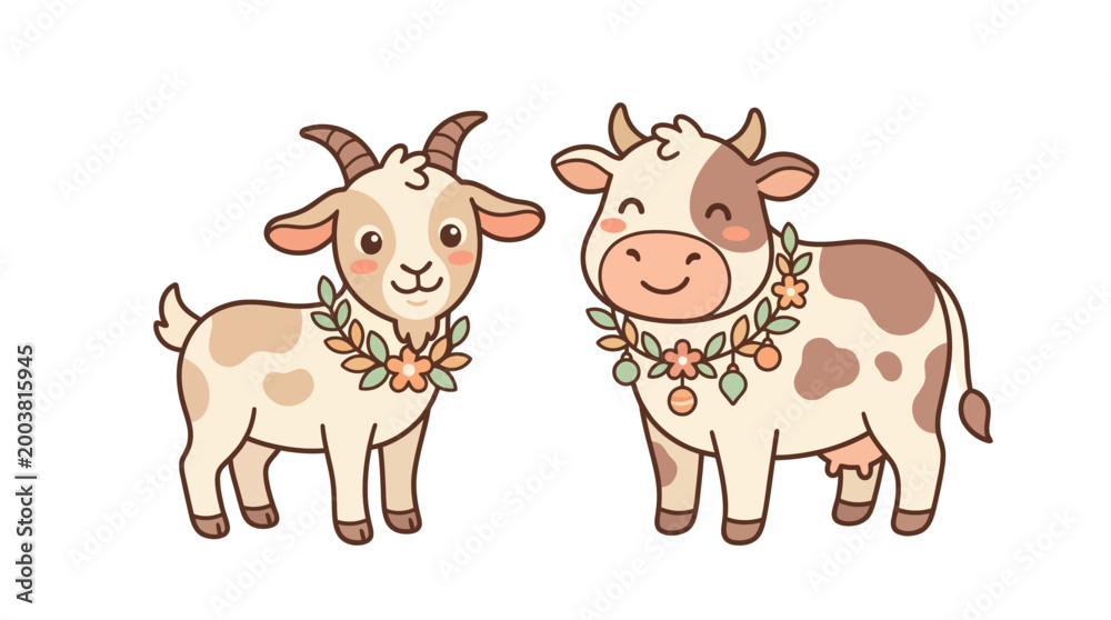 Obraz premium A cheerful illustration of a goat and cow wearing floral garlands stand side by side.