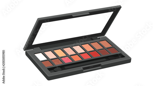 Open makeup palette containing eighteen different shades of eyeshadow in neutral and vibrant colors with an applicator brush included.