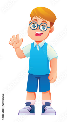Little boy wearing glasses waving his hand with a happy smile. Vector cartoon character illustration