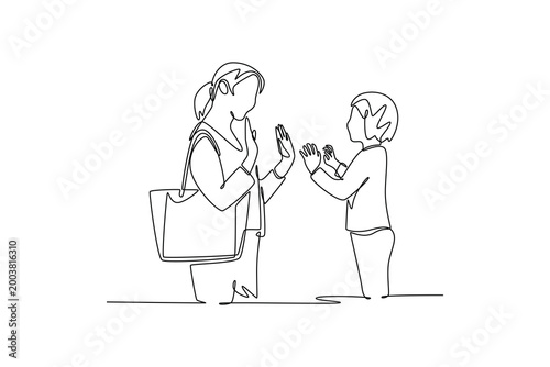 working mother and daughter. working family concept. Single line draw design. Vector graphic illustration