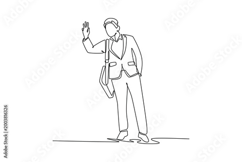 young businessman father says goodbye before leaving for work. working family concept. Single line draw design. Vector graphic illustration