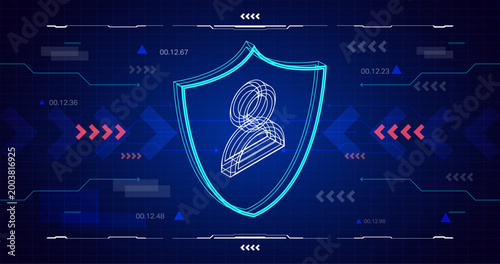 Futuristic Cybersecurity Shield Background with Wireframe User Identity and HUD Interface Elements,Identity protection and data security management interface concept