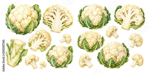 Photos A charming watercolor set of cauliflower vegetables featuring whole heads sliced pieces green leaves and detailed florets illustrated in a natural botanical style