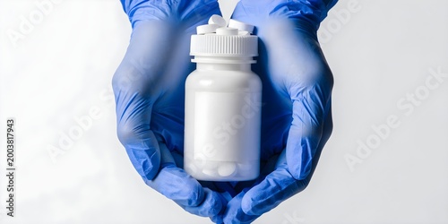 Hands Holding Medicine Bottle with Protective Gloves Representing Pharmaceutical Care Healthcare Safety Treatment and Medical Support Concept