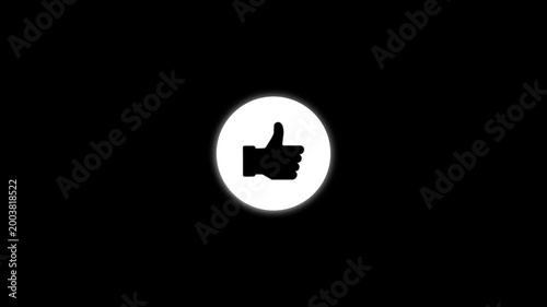 Animated glowing white thumbs up like button icon shrinking on black background