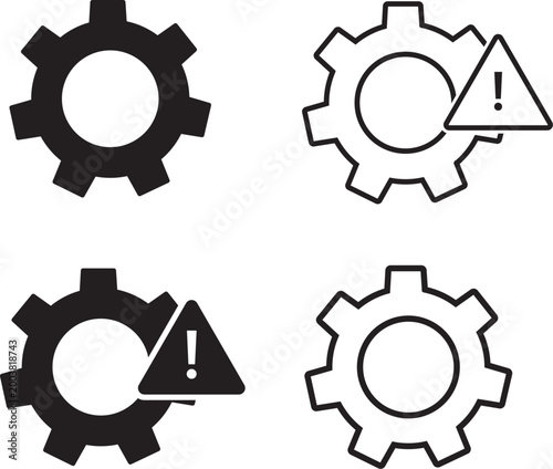 Gear icons set black and white with and without warning symbol high-quality