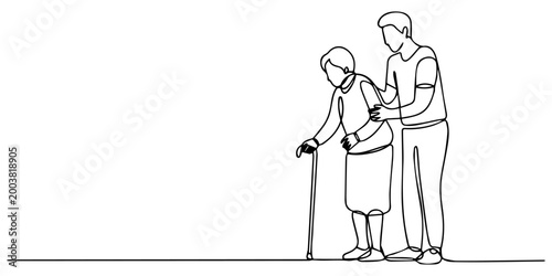 Continuous line art or One Line Drawing of a man is helping senior woman picture vector illustration, Humanity concept minimalist style. Vector illustration, a young caregiver helping an elderly woman
