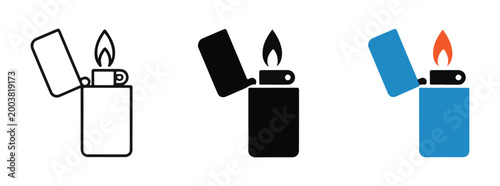 Set of three classic metal lighters with open lids and flames in different styles, isolated on white.