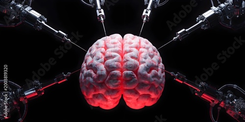 Robotic Arms Interacting with Human Brain Representing Artificial Intelligence Neuroscience Innovation Technology and Future Medical Research Concept