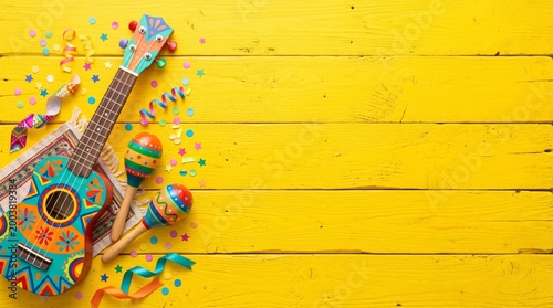 Colorful Mexican Guitar and Maracas with Confetti on Yellow Wood.