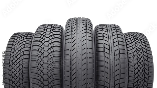 Set of Car Tires Displayed Representing Automotive Industry Transportation Safety Driving Performance and Vehicle Maintenance Concept