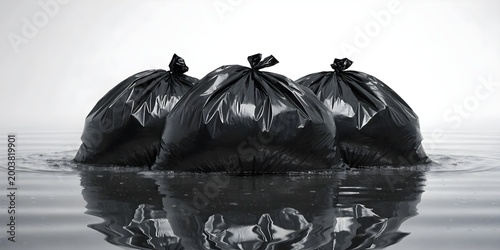 Black Garbage Bags Floating in Water Representing Environmental Pollution Waste Disposal Crisis and Ecological Impact Concept